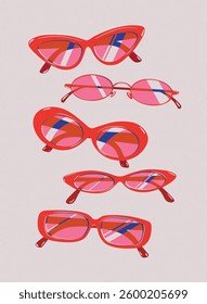 Sunglasses collection portrait drawing in vintage style with pink lens and red frame on light beige background