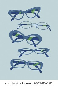Sunglasses collection portrait drawing in vintage style with transparent lens and blue frame on light blue background