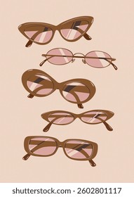 Sunglasses collection portrait drawing in vintage style with pink lens and brown frame on beige background