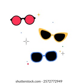 Sunglasses Collection With Three Stylish Frames In Flat Vector Illustration Symbolizing Fashion, Summer Accessories, And Eye Protection, Isolated On White Background.