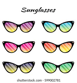 Sunglasses with colored glasses on a white background.