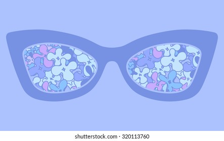 Sunglasses with colorful flowers reflection. Vector illustration.
