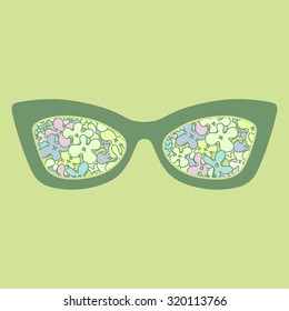 Sunglasses with colorful flowers reflection. Vector illustration.
