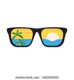 Sunglasses. The concept of a summer holiday. The beach and the tropical sea with the setting sun are reflected in the sunglasses. Vector illustration for poster, banner, web.