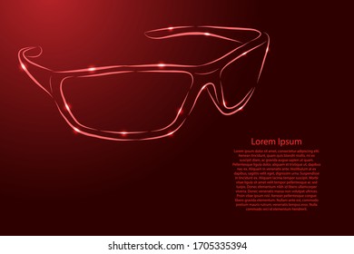 Sunglasses from the contour red brush lines different thickness and glowing stars on dark background. Vector illustration.