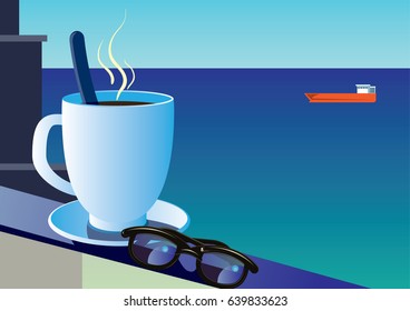  Sunglasses and cup of coffee on the background of the sea and sailboat