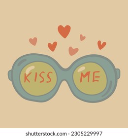 sunglasses cute vector illustration. Glasses lettering kiss me hearts isolated on white background. valentine's day banner