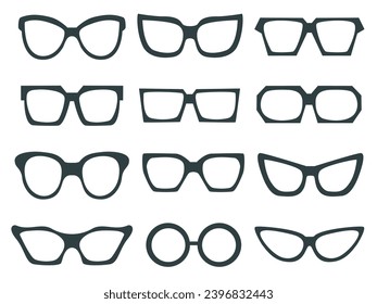 Sunglasses of different shapes set. Black plastic frame for sun protection clip art. Large collection of summer eyeglass accessories, isolated vector illustration