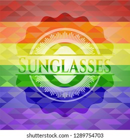 Sunglasses emblem on mosaic background with the colors of the LGBT flag