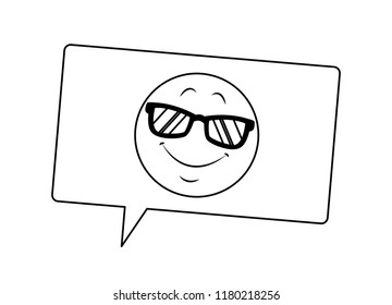 Sunglasses emoticon in bubble in black and white