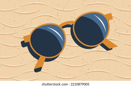 Sunglasses, eyeglasses laying on sand beach. Vacation concept. Summer fashion accessory. Tourism illustration flat vector.