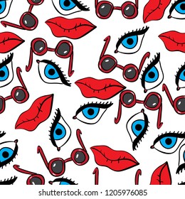Sunglasses. Eyes and lips. Vector seamless pattern.Eps10.