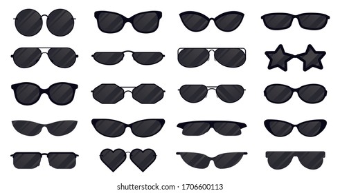 Sunglasses eyewear. Glasses silhouette, sun elegant eyewear, black plastic spectacles. Sun lens eyewear vector illustration icons set. Item protection from sun, eyewear lens collection