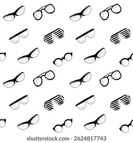 Sunglasses and eyewear Seamless doodle pattern in a playful line art style, outline illustrations. For summer-themed designs, optical shops branding, product packaging, prints, background elements
