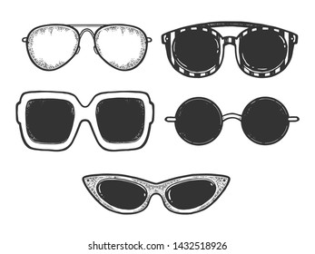 Sunglasses fashion set sketch engraving vector illustration. Scratch board style imitation. Black and white hand drawn image.