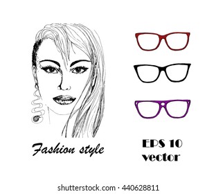 Sunglasses fashion vector with beautiful girl portrait. Pencil drawing.