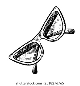 Las gafas de sol están de moda, de las mujeres. Una ilustración gráfica de Vector en blanco y negro hecha a mano. Aislar sobre un fondo blanco. Un producto para salón de belleza y glamour femenino. Un elemento de diseño.