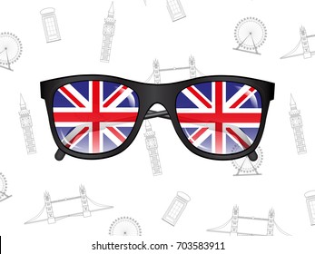 sunglasses with flags of UK on the background of the sights of England