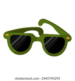 The sunglasses are flat green. Green sunglasses stand out with bows on a white background. An isolated item for traveling, relaxing and sunbathing. Glare on glasses