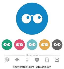 Sunglasses flat white icons on round color backgrounds. 6 bonus icons included.
