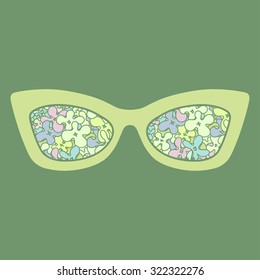 Sunglasses with flowers reflection. Vector illustration.