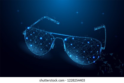 Sunglasses form lines and triangles, point connecting network on blue background. Geometric polygonal spectacles. Fashion concept.  Polygonal wireframe glasses on blue night sky with dots and stars.