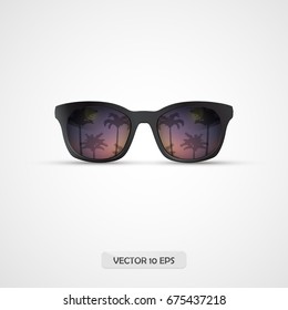 Sunglasses front view isolated. Palms in glass mirrors. Vector illustration.