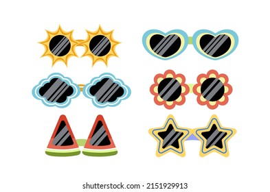 Sunglasses. Funny frame of glasses in shape of flowers, sun, star, watermelon, cloud, heart. Cartoon, flat. Isolated vector illustration eps