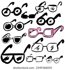 Sunglasses, Glasses. Funny, cool, hand draw with texture and brush strokes. Vector, isolated.