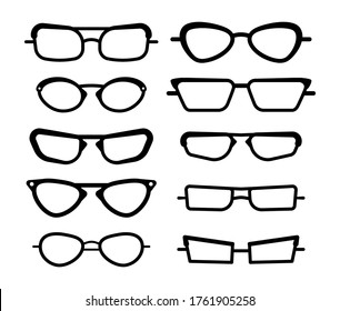 Sunglasses, glasses isolated on a white background. Glasses model icons, men, women frames. Various shapes, frames, styles. Fashion spectacles accessory. Vector illustration, eps 10.