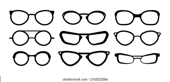 Sunglasses, glasses isolated on a white background. Glasses model icons, men, women frames. Various shapes, frames, styles. Fashion spectacles accessory. Vector illustration, eps 10.