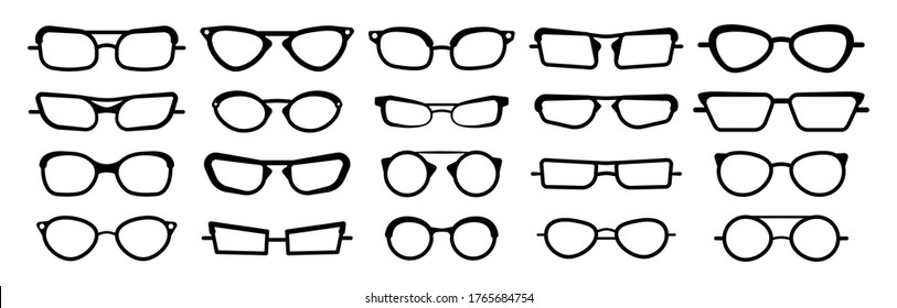 Sunglasses, glasses isolated on a white background. Glasses model icons, men, women frames. Various shapes, frames, styles. Fashion spectacles accessory. Vector illustration, eps 10.