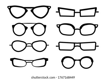 Sunglasses, glasses isolated on a white background. Glasses model icons, men, women frames. Various shapes, frames, styles. Fashion spectacles accessory. Vector illustration, eps 10.