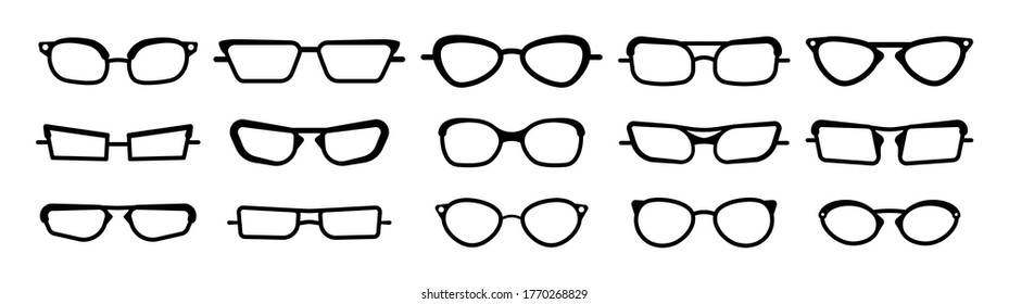 Sunglasses, glasses isolated on a white background. Glasses model icons, men, women frames. Various shapes, frames, styles. Fashion spectacles accessory. Vector illustration, eps 10.
