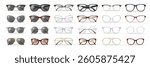 Sunglasses and glasses with optical lenses for correction poor eyesight, isolated collection of eyeglasses. Vector variety and types of accessories and frames. Men, women and unisex style