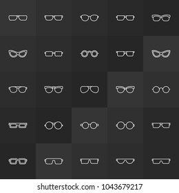 Sunglasses and glasses outline icons. Vector spectacles linear signs or logo elements on dark background