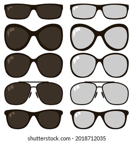 Sunglasses and glasses vector cartoon set isolated on a white background.