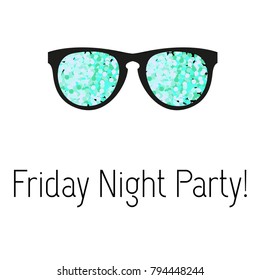 Sunglasses with glitter on a white background with words Friday night party. Fashion illustration