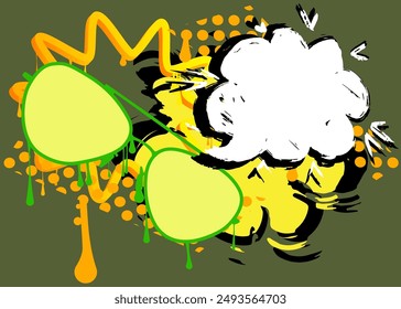 Sonnenbrillen-Graffiti mit Sprechblase. Abstrakte moderne Messaging-Zeichen-Street-Art-Dekoration, im städtischen Malstil ausgeführt.