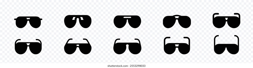 Sunglasses graphic icon. Black sunglasses sign isolated on transparent background. Aviator sunglasses or shades protective eyewear flat vector icon