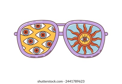 Sunglasses, groovy retro eyewear with psychedelic trippy eye and sun symbols, cartoon vector. Hippie 70s art, disco or funky groovy sunglasses for summer sticker for love and peace or rave festival