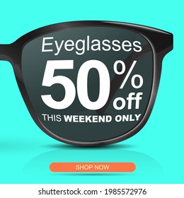 Sunglasses for half price concept. Big sale 50 off. Eyeglasses discount banner.