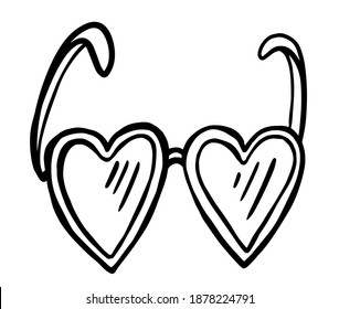 Sunglasses hand drawn doodle style vector illustration in shape of hearts. Saint Valentine's day heart glasses spectacles holiday card in black and white. Love in pink glasses concept.