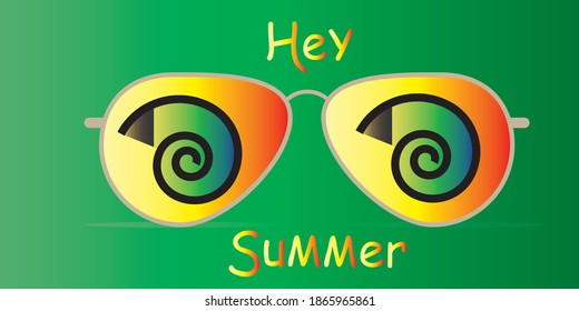 Sunglasses with Hypnotic Spirals and hey summer text on green Background. Retro 