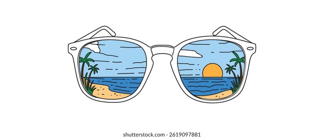Sunglasses icon inside with beach in continuous one line drawing minimalist outline, vacation concept. vector illustration.