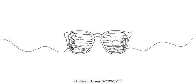 Sonnenbrillen-Symbol innen mit Strand in durchgehender einzeiliger Zeichnung minimalistischen Umriss, Urlaubskonzept. Vektorgrafik.