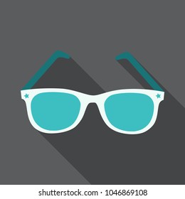 Sunglasses icon with long shadow. Flat design style. Sunglasses silhouette. Simple icon. Modern flat icon in stylish colors. Web site page and mobile app design element.