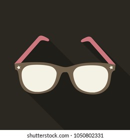 Sunglasses icon with long shadow. Flat design style. Sunglasses silhouette. Simple icon. Modern flat icon in stylish colors. Web site page and mobile app design element.