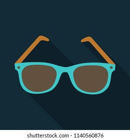 Sunglasses icon with long shadow. Flat design style. Sunglasses silhouette. Simple icon. Modern flat icon in stylish colors. Web site page and mobile app design element.