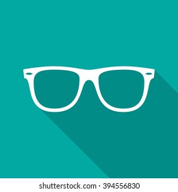 Sunglasses icon with long shadow. Flat design style. Sunglasses silhouette. Simple green icon. Modern flat icon. Web site page and mobile app design element.